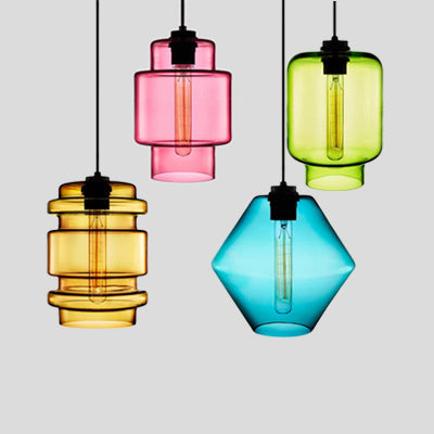 Cilindrische Hanglamp Simplicity Glas 1 Licht Roze/Geel/Blauw Hangende Plafondlamp