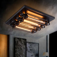 Austin Vintage Tubed Metal Flush Mount Plafondlamp, Zwart, Woonkamer