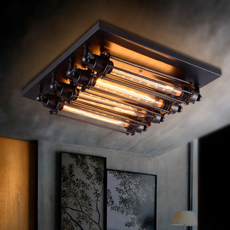 Austin Vintage Tubed Metal Flush Mount Plafondlamp, Zwart, Woonkamer