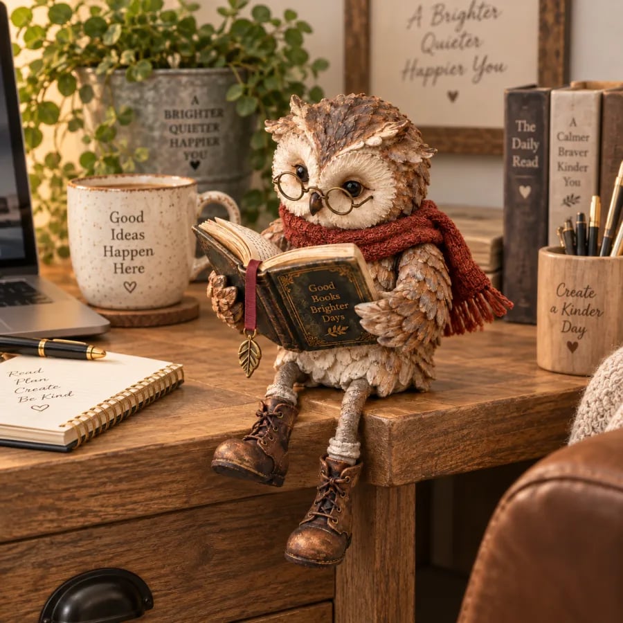 Decoratieve uilfiguur met bril, boek en sjaal. Gezellig cadeau voor boekenliefhebbers