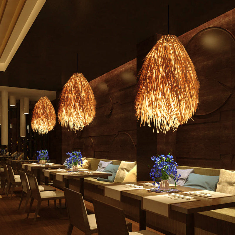 Beige Druppel Hanglamp Aziatisch Stijlvol 1-Lamp Rattan Hanglicht voor Restaurant