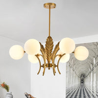 Sferische Plafondlamp Simpliciteit Wit/Roze/Cognac Glas 6-Lamp Tekenruimte LED Hangende Kroonluchter met Blad Decor