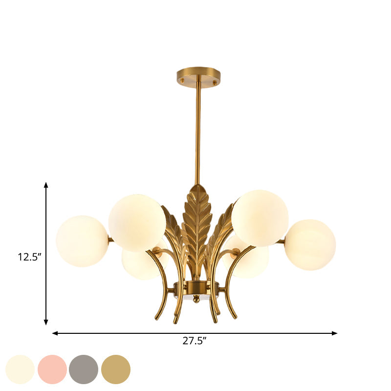Sferische Plafondlamp Simpliciteit Wit/Roze/Cognac Glas 6-Lamp Tekenruimte LED Hangende Kroonluchter met Blad Decor