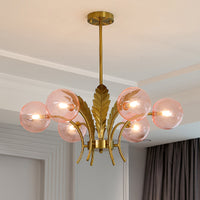 Sferische Plafondlamp Simpliciteit Wit/Roze/Cognac Glas 6-Lamp Tekenruimte LED Hangende Kroonluchter met Blad Decor