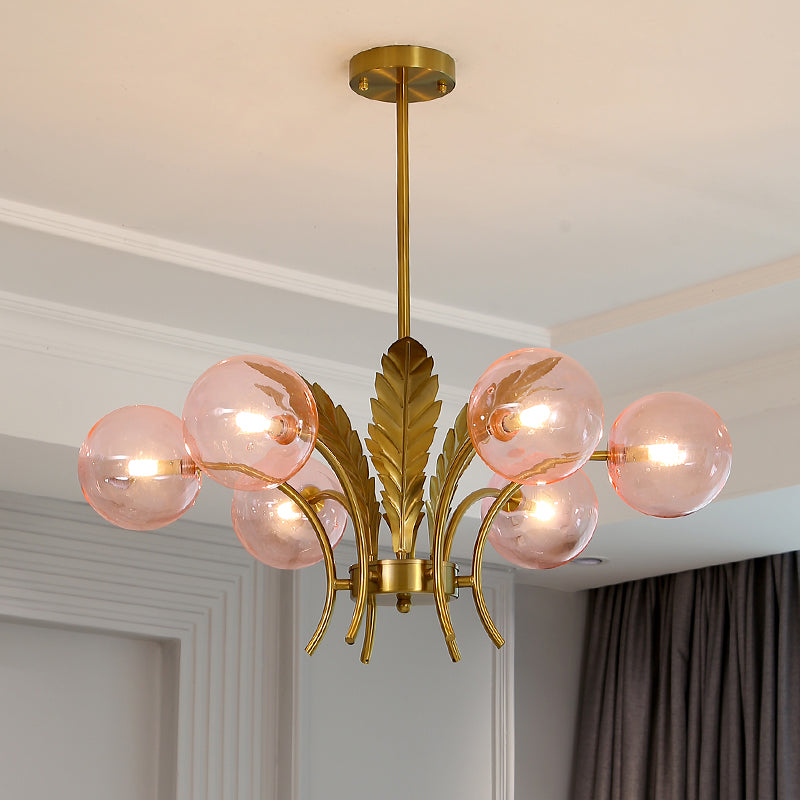 Sferische Plafondlamp Simpliciteit Wit/Roze/Cognac Glas 6-Lamp Tekenruimte LED Hangende Kroonluchter met Blad Decor