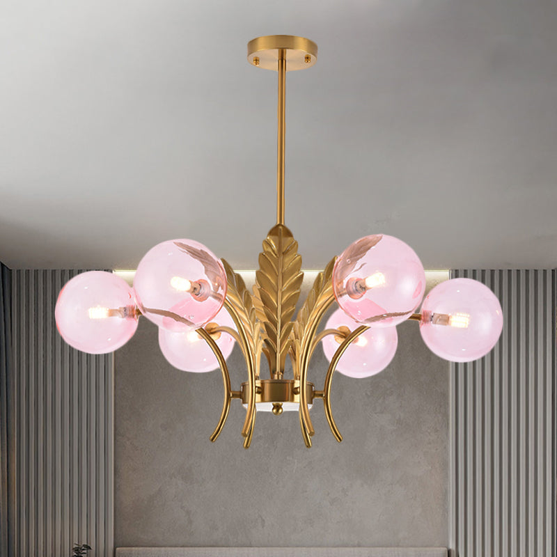 Sferische Plafondlamp Simpliciteit Wit/Roze/Cognac Glas 6-Lamp Tekenruimte LED Hangende Kroonluchter met Blad Decor
