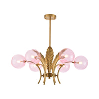 Sferische Plafondlamp Simpliciteit Wit/Roze/Cognac Glas 6-Lamp Tekenruimte LED Hangende Kroonluchter met Blad Decor