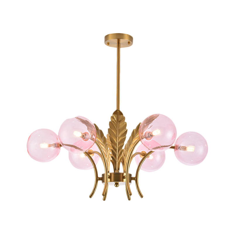 Sferische Plafondlamp Simpliciteit Wit/Roze/Cognac Glas 6-Lamp Tekenruimte LED Hangende Kroonluchter met Blad Decor