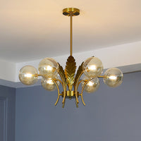 Sferische Plafondlamp Simpliciteit Wit/Roze/Cognac Glas 6-Lamp Tekenruimte LED Hangende Kroonluchter met Blad Decor