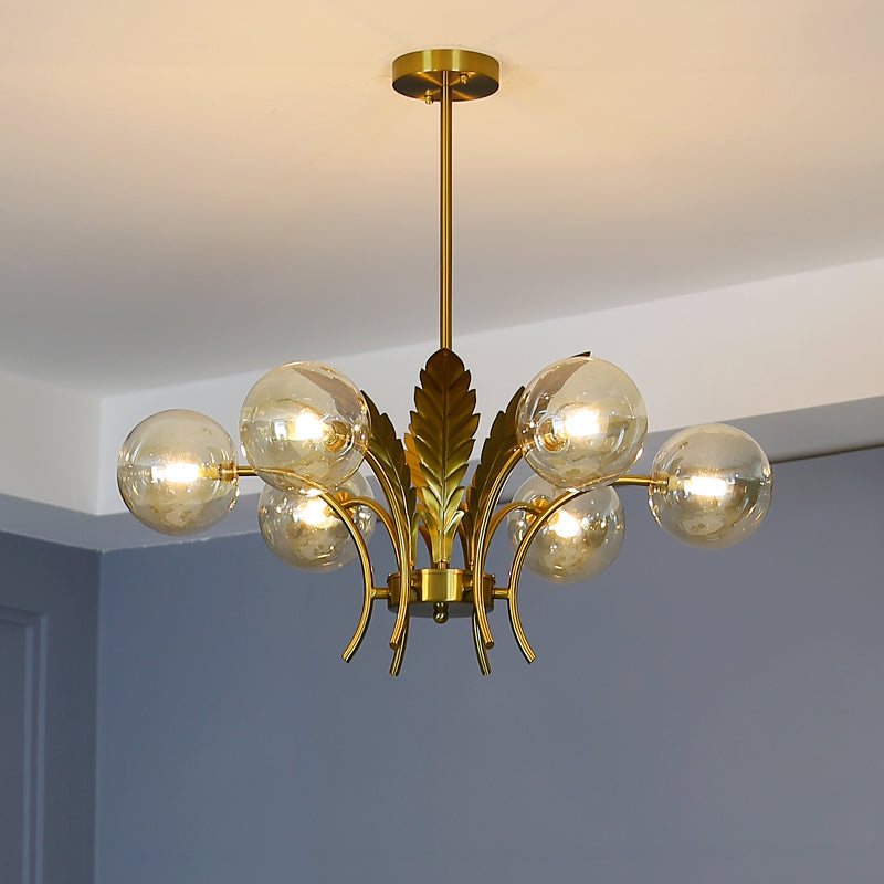 Sferische Plafondlamp Simpliciteit Wit/Roze/Cognac Glas 6-Lamp Tekenruimte LED Hangende Kroonluchter met Blad Decor