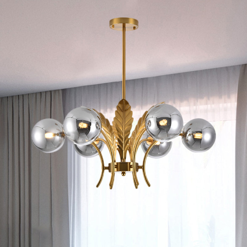 Sferische Plafondlamp Simpliciteit Wit/Roze/Cognac Glas 6-Lamp Tekenruimte LED Hangende Kroonluchter met Blad Decor