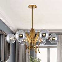 Sferische Plafondlamp Simpliciteit Wit/Roze/Cognac Glas 6-Lamp Tekenruimte LED Hangende Kroonluchter met Blad Decor