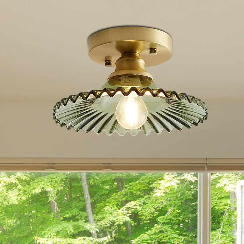 1 Licht Flared Semi Flush Licht Industrieel Helder/Groen Geribbeld Glas Plafondmontage voor Woonkamer