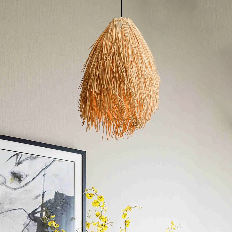 Beige Druppel Hanglamp Aziatisch Stijlvol 1-Lamp Rattan Hanglicht voor Restaurant