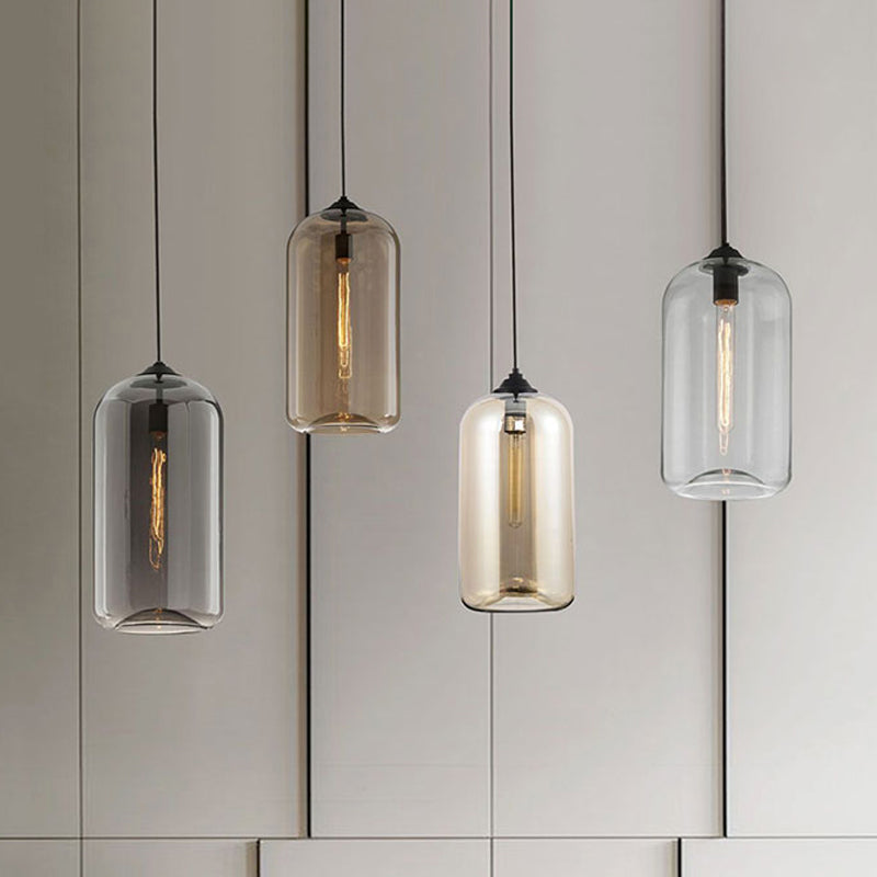 8" Brede Duidelijke/Amber/Rookachtige Glazen Cilindrische Hanglamp Hedendaagse 1 Licht Zwarte Hanglamp Fixture