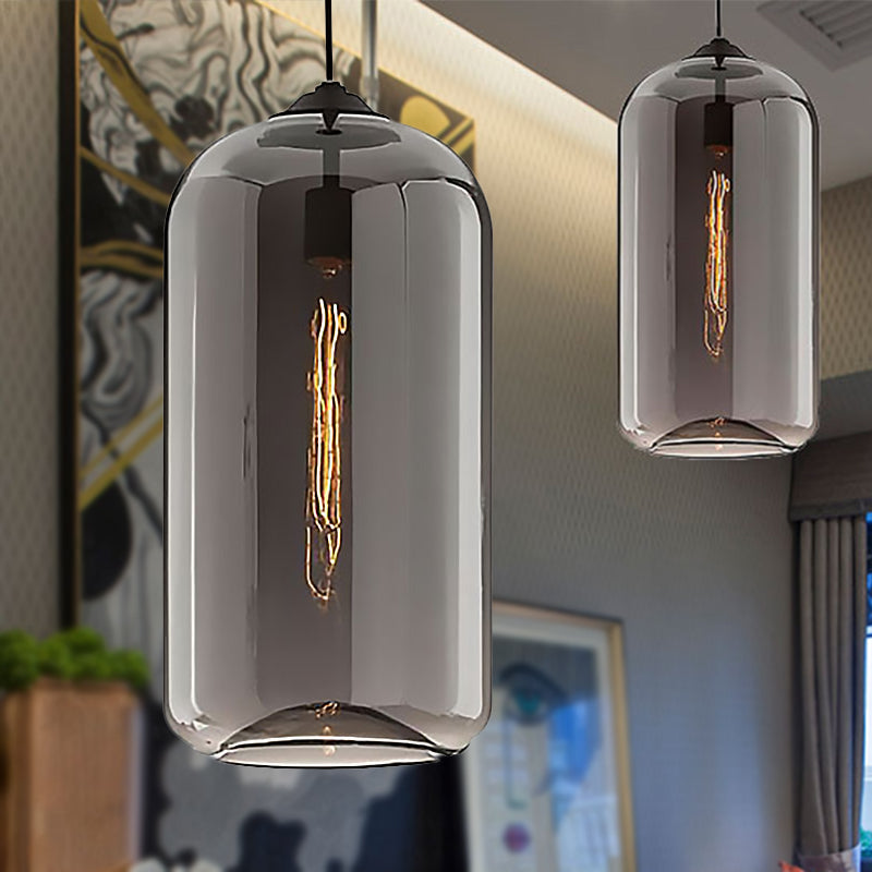 8" Brede Duidelijke/Amber/Rookachtige Glazen Cilindrische Hanglamp Hedendaagse 1 Licht Zwarte Hanglamp Fixture