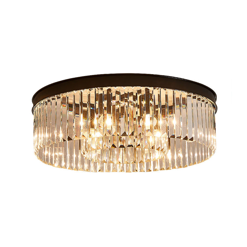 Vintage Circulaire Plafondlamp Metaal 4/6/8 Lichten met Heldere Kristallen Prisma in Zwart
