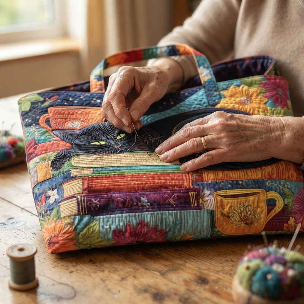 Zwarte kat met boeken en kopjes gewatteerde quilted tote bag