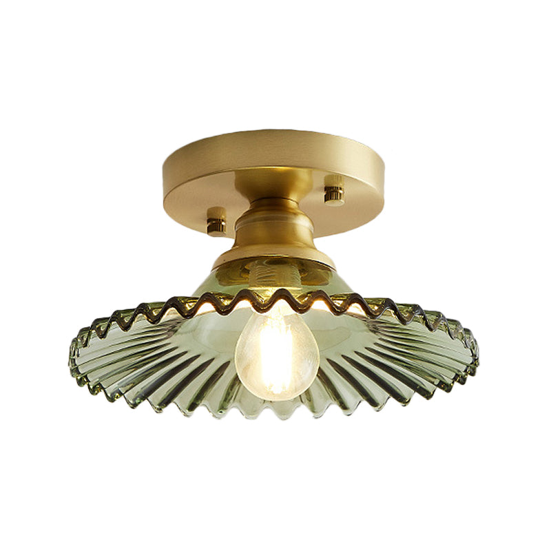 1 Licht Flared Semi Flush Licht Industrieel Helder/Groen Geribbeld Glas Plafondmontage voor Woonkamer
