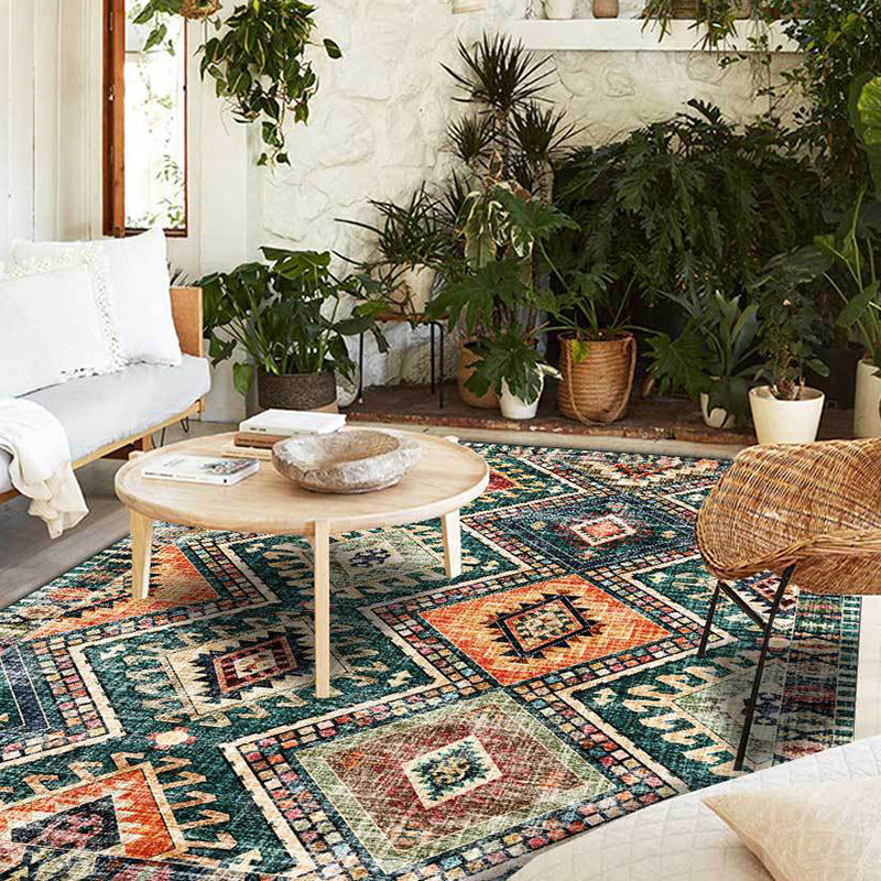 Retro Tribal Patroon Tapijt Groen Polyester Tapijt Machine Wasbaar Antislip Achterkant Vloerkleed voor Woonkamer