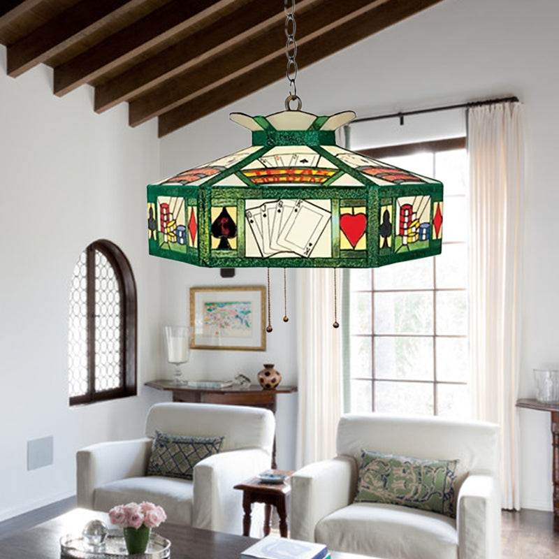 Poker Hanglamp Tiffany-Stijl 3 Lampen Wit-Geel/Groen-Wit Handgemaakt Kunsthars Glas Hanglamp, 18"/19.5" Breed