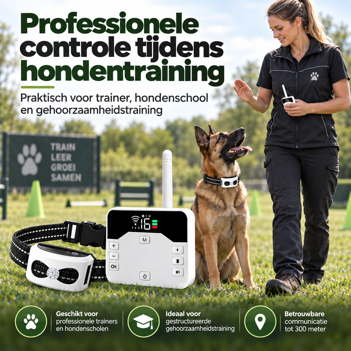 Professionele Trainingshalsband voor Hondenschool & Trainer – 2-in-1 met Bereik tot 300 m
