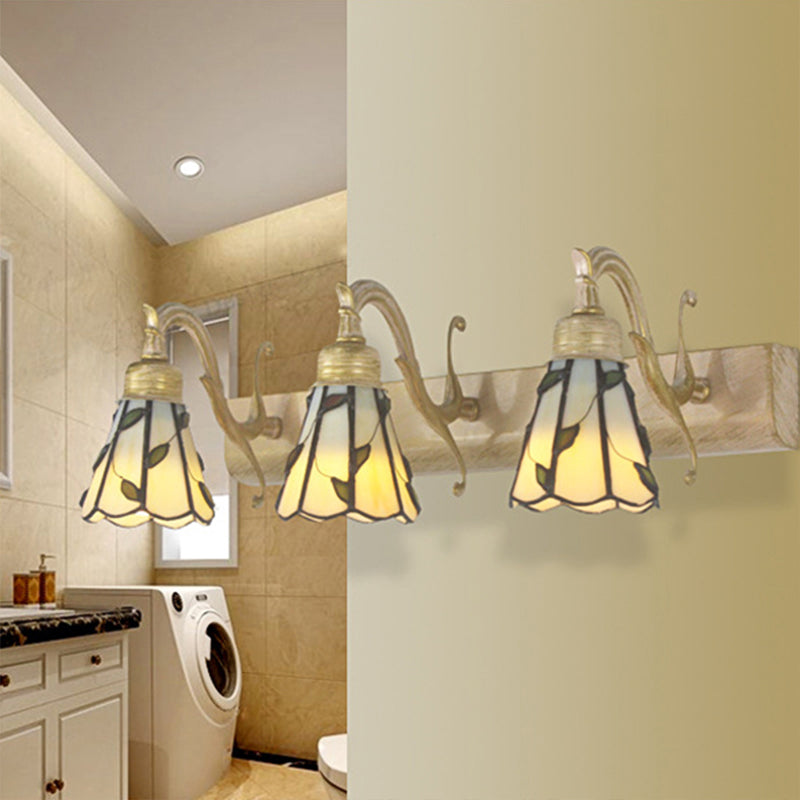 3 Koppen Blad Vanity Licht Rustieke Loft Gevlekte Glas Make-up Spiegel Licht met Lineaire Achterplaat in Koper/Antiek Messing/Goud