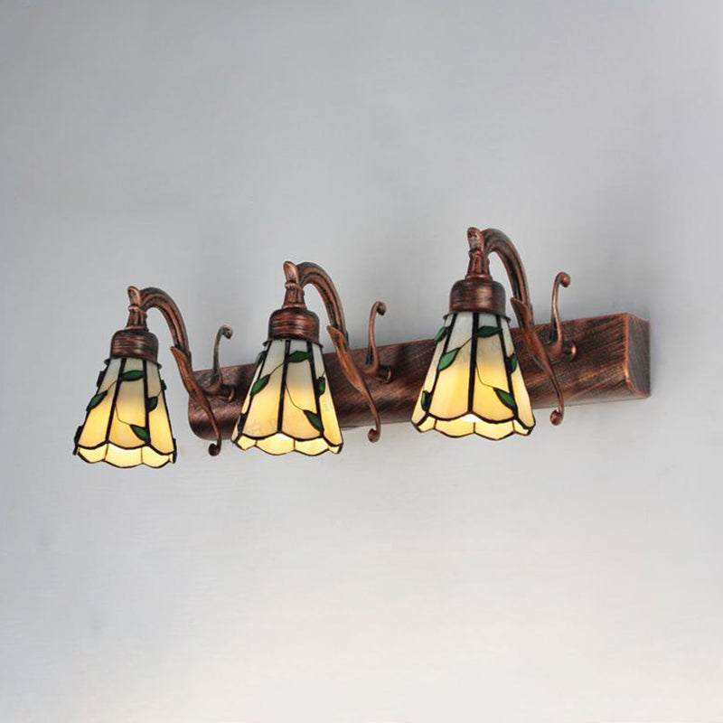 3 Koppen Blad Vanity Licht Rustieke Loft Gevlekte Glas Make-up Spiegel Licht met Lineaire Achterplaat in Koper/Antiek Messing/Goud