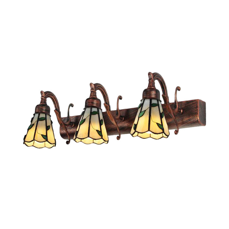 3 Koppen Blad Vanity Licht Rustieke Loft Gevlekte Glas Make-up Spiegel Licht met Lineaire Achterplaat in Koper/Antiek Messing/Goud