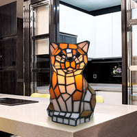 Bruine Kat Schaduw Accentlamp Tiffany Gehard Glas 1 Licht Kleurrijke Tafellamp voor Nachtkastje