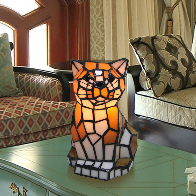 Bruine Kat Schaduw Accentlamp Tiffany Gehard Glas 1 Licht Kleurrijke Tafellamp voor Nachtkastje