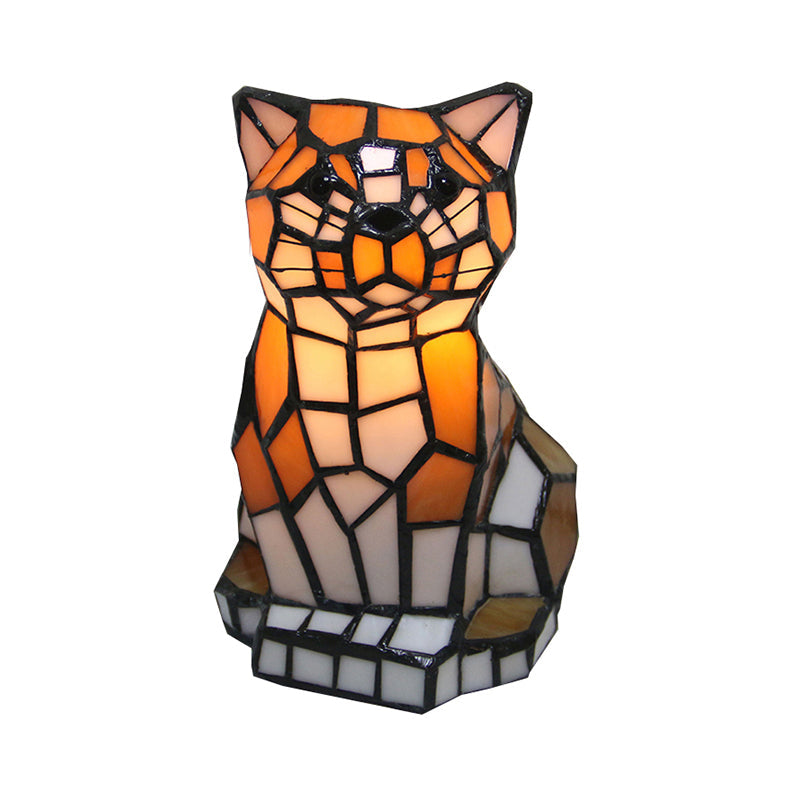 Bruine Kat Schaduw Accentlamp Tiffany Gehard Glas 1 Licht Kleurrijke Tafellamp voor Nachtkastje