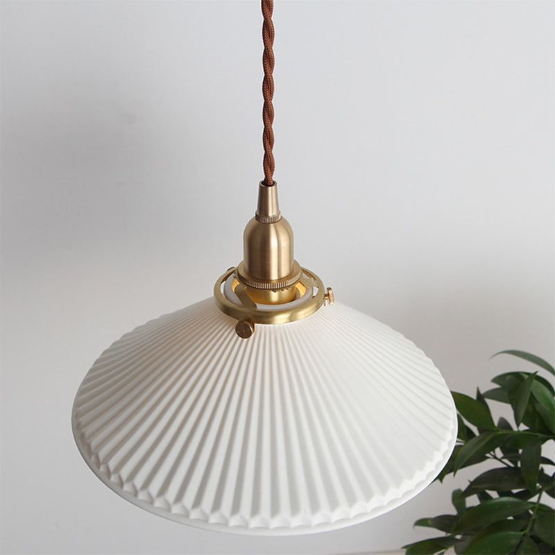 Geribbelde Kegel Eetkamer Hanglamp Keramiek 1 Licht Eenvoudige Stijl Hanglamp in Wit
