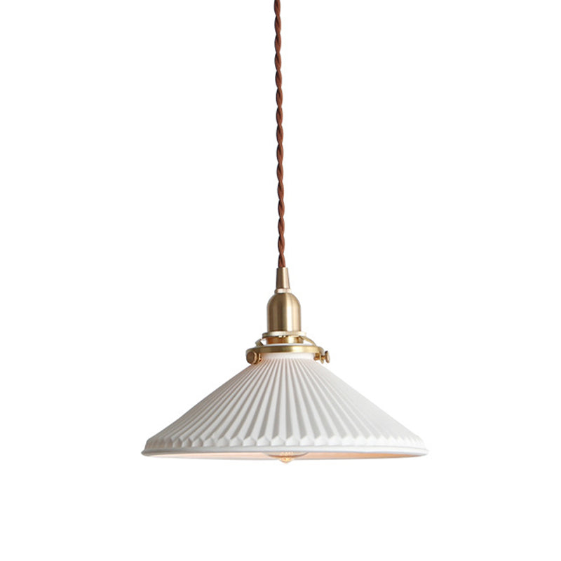 Geribbelde Kegel Eetkamer Hanglamp Keramiek 1 Licht Eenvoudige Stijl Hanglamp in Wit