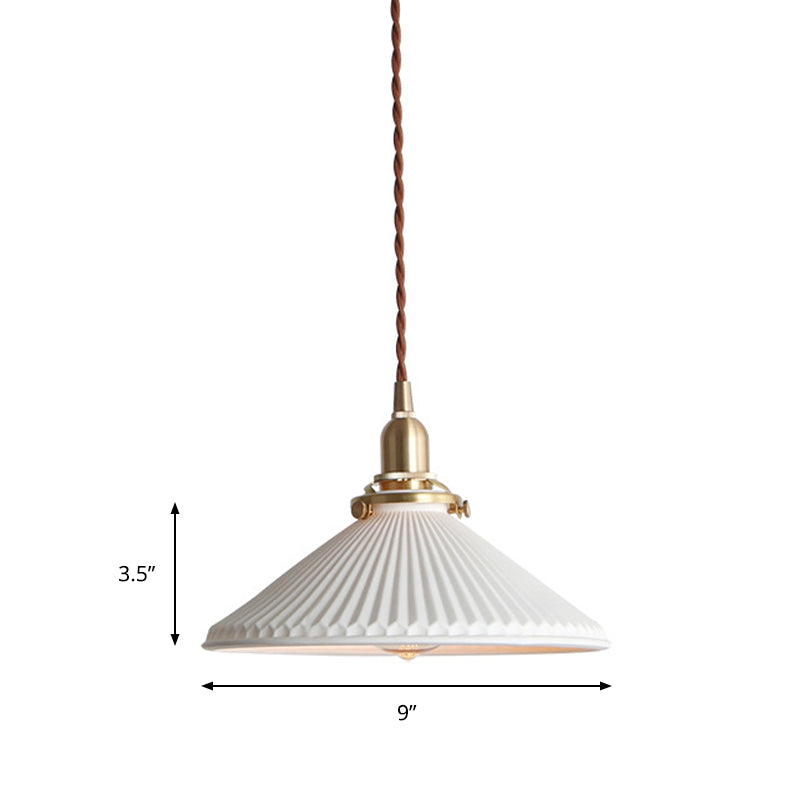 Geribbelde Kegel Eetkamer Hanglamp Keramiek 1 Licht Eenvoudige Stijl Hanglamp in Wit