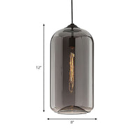 8" Brede Duidelijke/Amber/Rookachtige Glazen Cilindrische Hanglamp Hedendaagse 1 Licht Zwarte Hanglamp Fixture