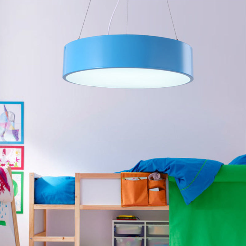 Macaron Trommelvormige Hanglamp Metaal Kinderopvang LED Hanglamp in Rood/Geel/Groen, 16"/19.5" Dia
