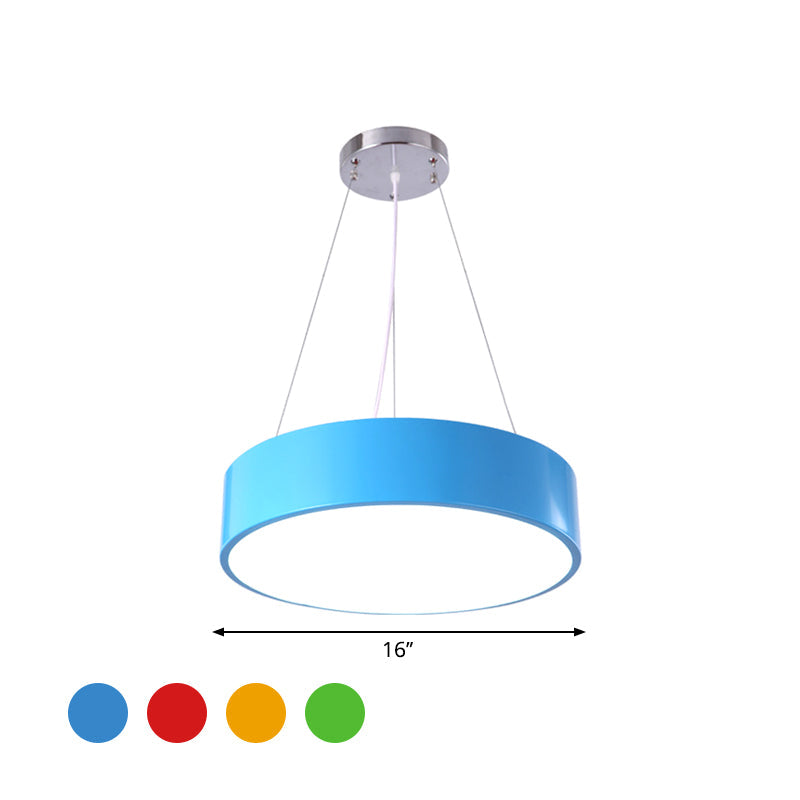 Macaron Trommelvormige Hanglamp Metaal Kinderopvang LED Hanglamp in Rood/Geel/Groen, 16"/19.5" Dia