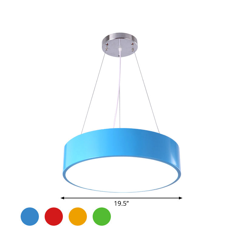 Macaron Trommelvormige Hanglamp Metaal Kinderopvang LED Hanglamp in Rood/Geel/Groen, 16"/19.5" Dia