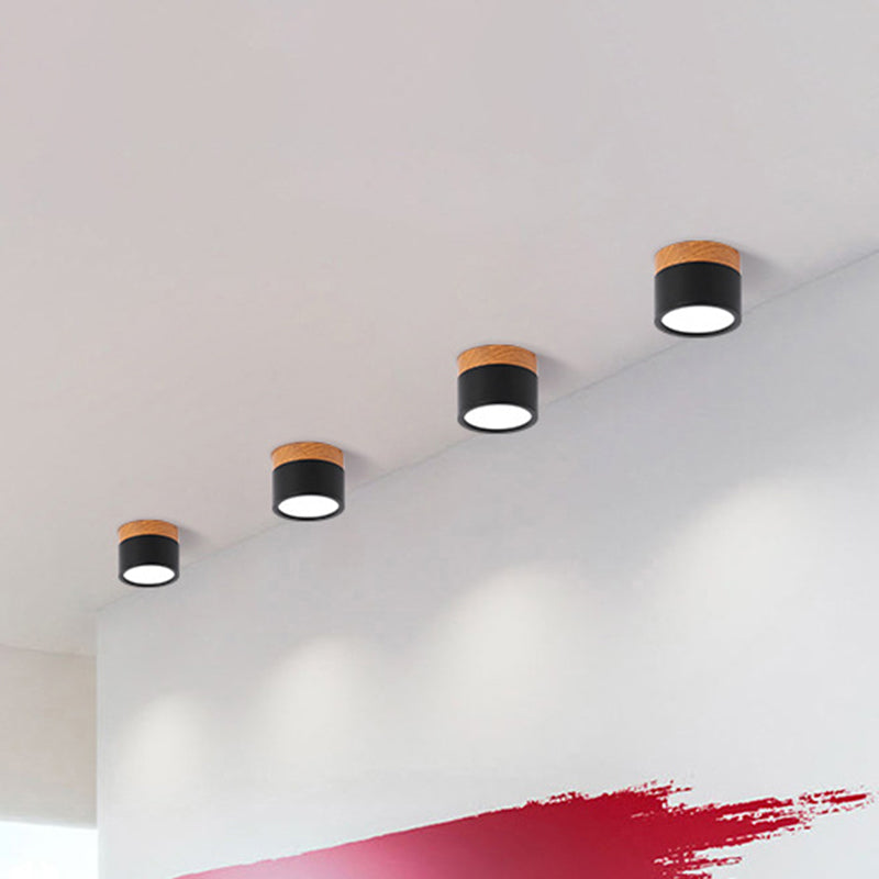 Cilinder Kleine Flush Plafondlamp Macaron Metaal Keuken Bar Flush Mount Verlichting in Geel/Blauw/Zwart en Hout