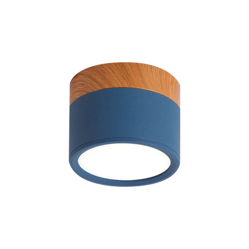 Cilinder Kleine Flush Plafondlamp Macaron Metaal Keuken Bar Flush Mount Verlichting in Geel/Blauw/Zwart en Hout
