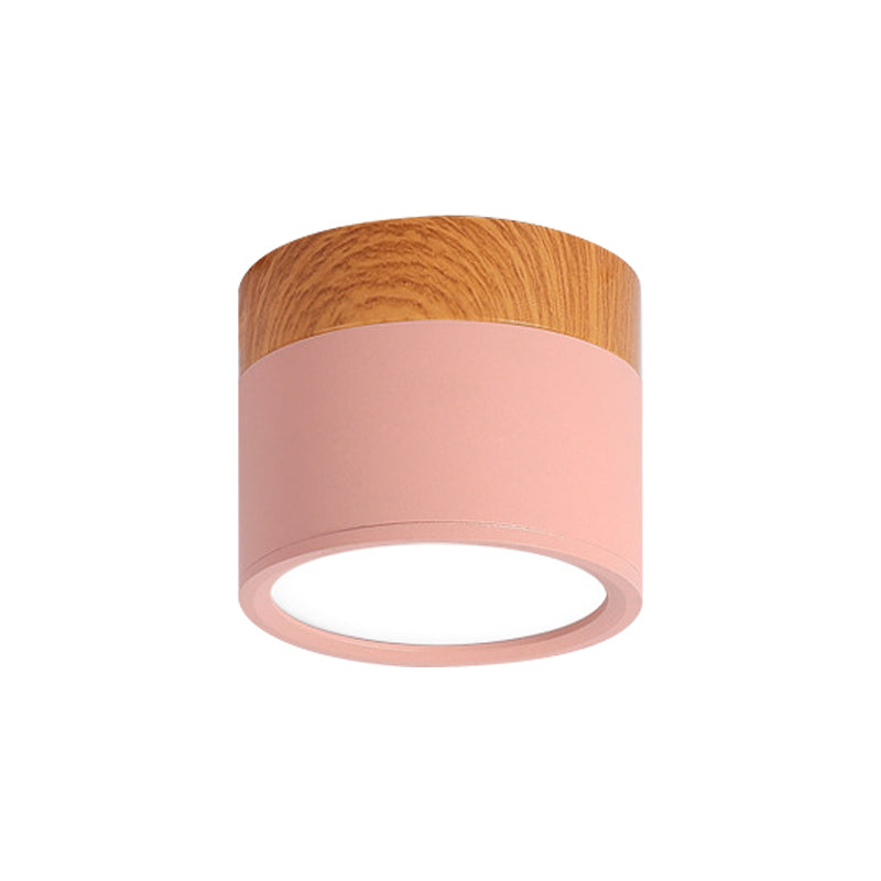 Cilinder Kleine Flush Plafondlamp Macaron Metaal Keuken Bar Flush Mount Verlichting in Geel/Blauw/Zwart en Hout