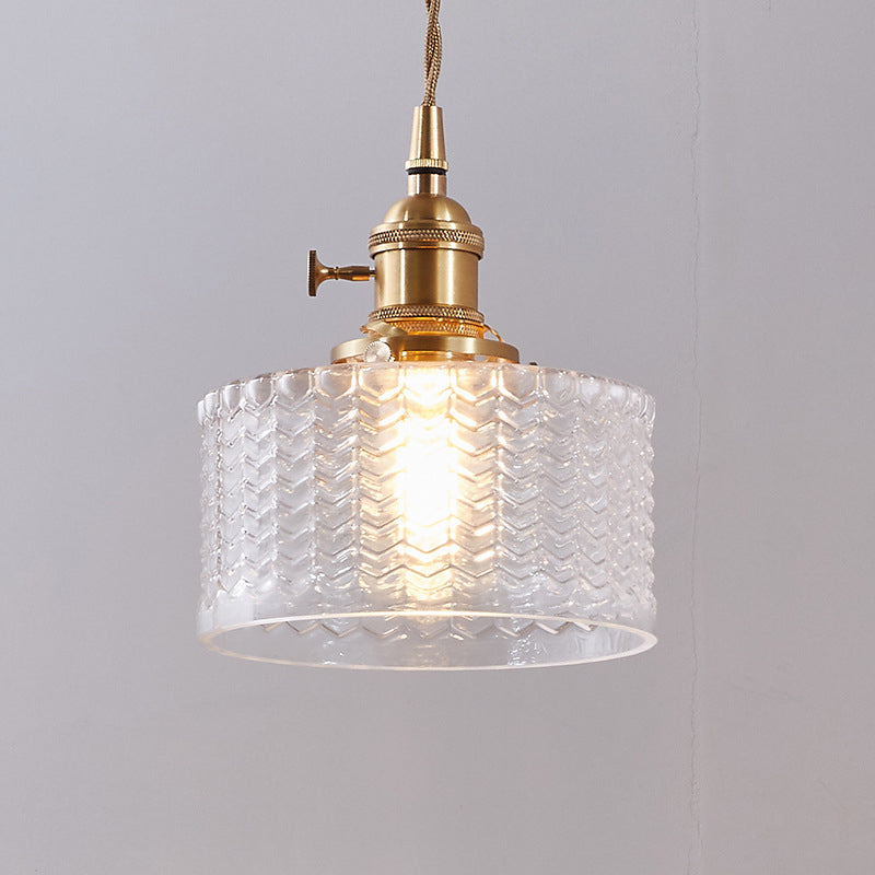 Retro Korte Cilinder Hanglamp 1 Hoofd Heldere/Groene Golfglas Plafondlamp met Draaischakelaar in Messing