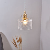 Retro Korte Cilinder Hanglamp 1 Hoofd Heldere/Groene Golfglas Plafondlamp met Draaischakelaar in Messing
