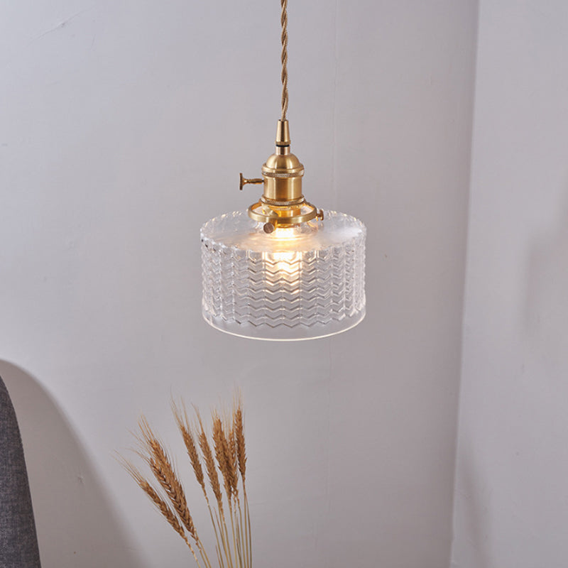Retro Korte Cilinder Hanglamp 1 Hoofd Heldere/Groene Golfglas Plafondlamp met Draaischakelaar in Messing