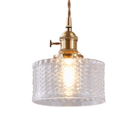 Retro Korte Cilinder Hanglamp 1 Hoofd Heldere/Groene Golfglas Plafondlamp met Draaischakelaar in Messing
