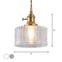 Retro Korte Cilinder Hanglamp 1 Hoofd Heldere/Groene Golfglas Plafondlamp met Draaischakelaar in Messing