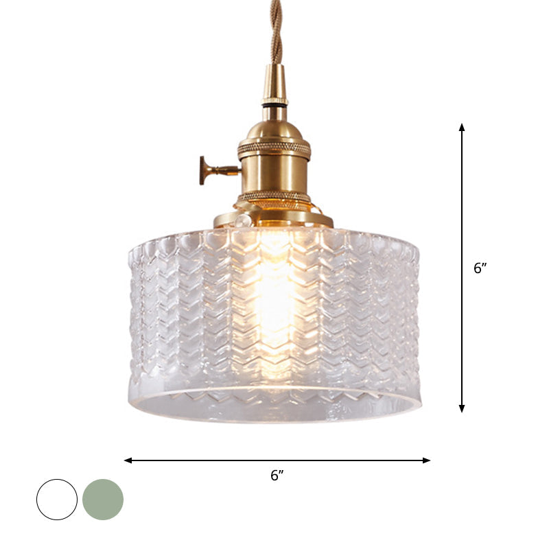 Retro Korte Cilinder Hanglamp 1 Hoofd Heldere/Groene Golfglas Plafondlamp met Draaischakelaar in Messing