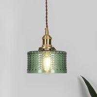 Retro Korte Cilinder Hanglamp 1 Hoofd Heldere/Groene Golfglas Plafondlamp met Draaischakelaar in Messing