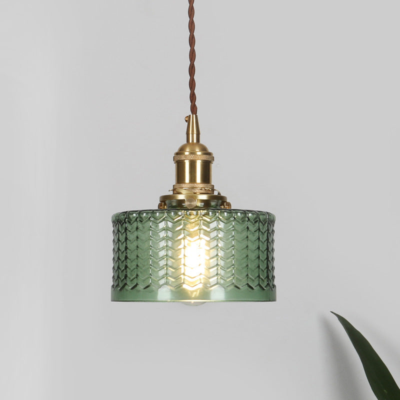 Retro Korte Cilinder Hanglamp 1 Hoofd Heldere/Groene Golfglas Plafondlamp met Draaischakelaar in Messing